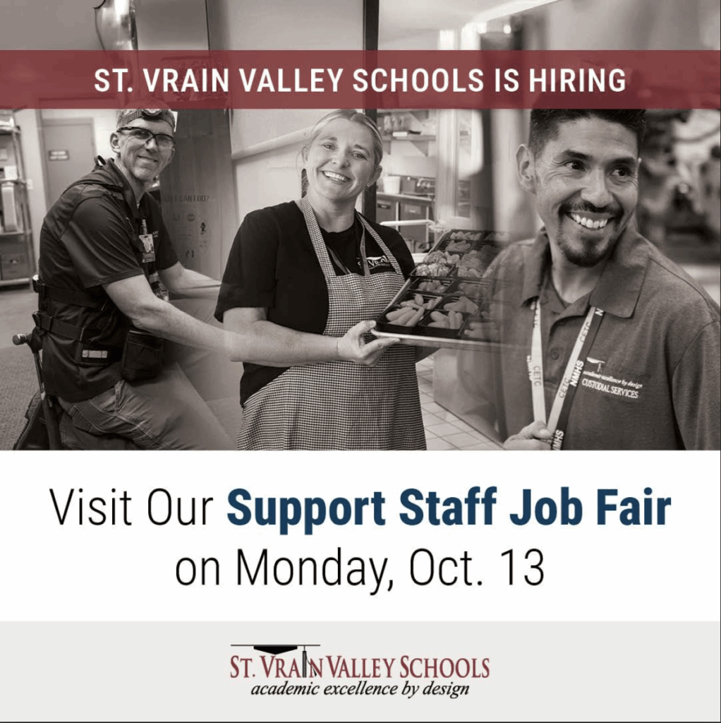 Image promoting a job fair for St. Vrain Valley Schools, featuring smiling staff in various roles. Event on Oct. 13.