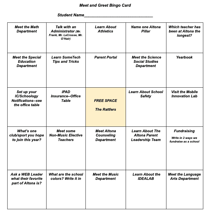 Altona's bingo card for families to use at back-to-school night.