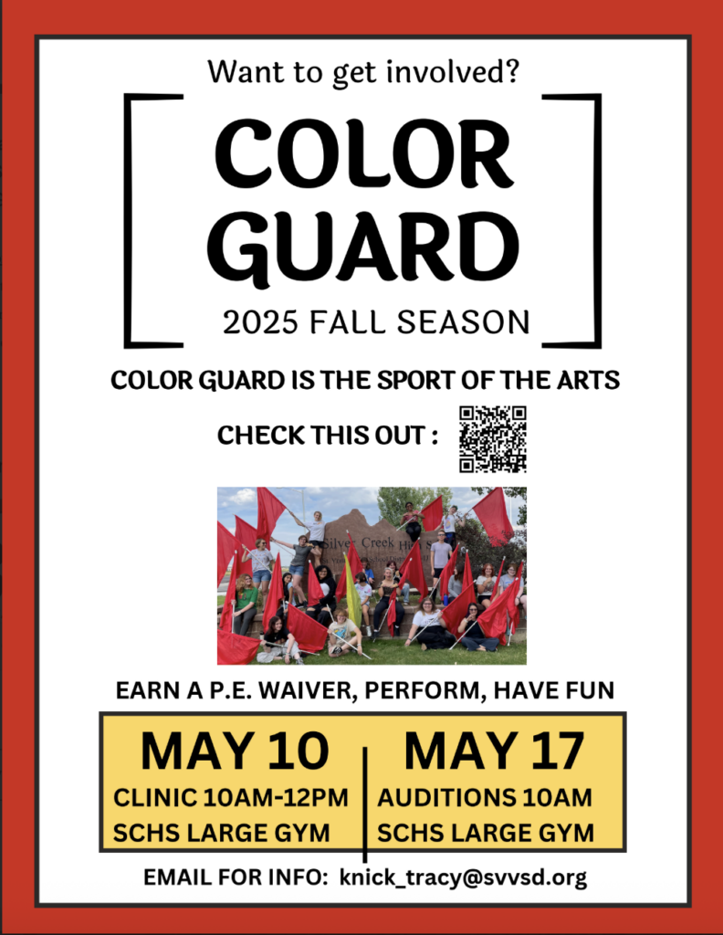 Promotional flyer for Color Guard 2025 Fall Season, featuring dates for clinic and auditions, and a QR code for more info.