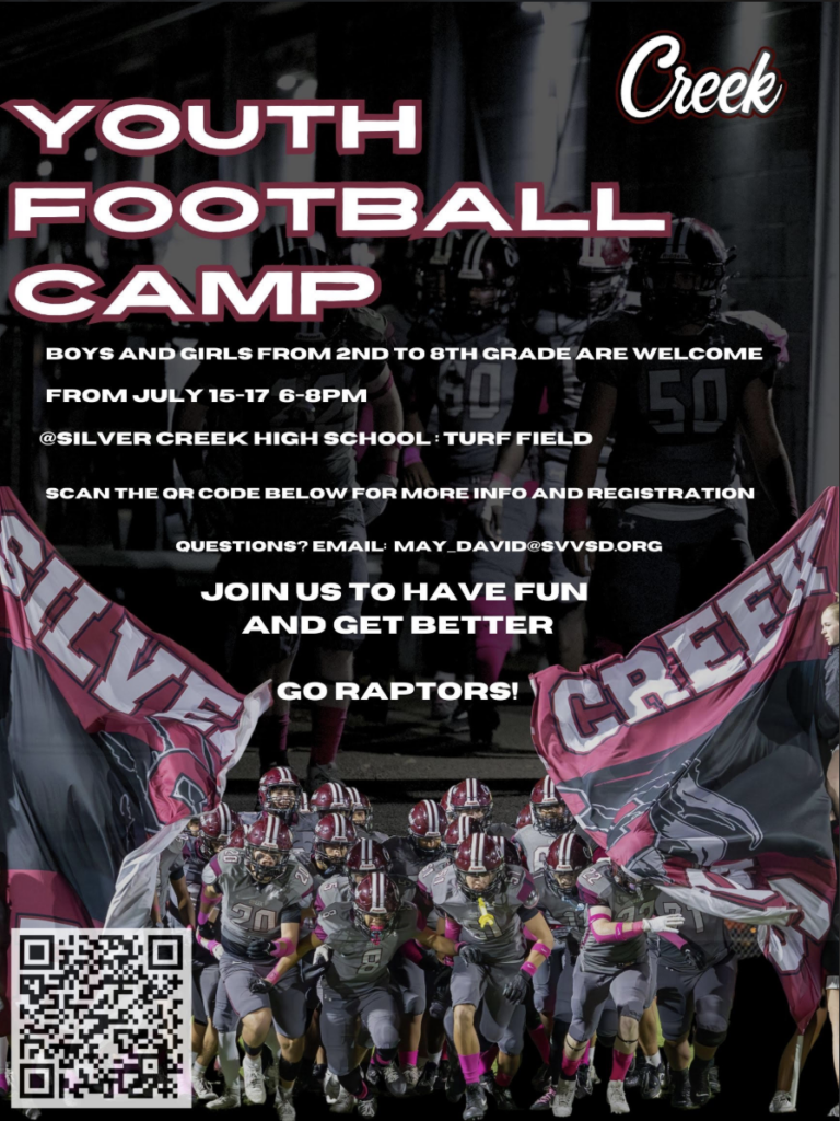 Youth football camp for grades 2-8, July 15-17, 6-8 PM at Silver Creek High School. QR code for info and registration.