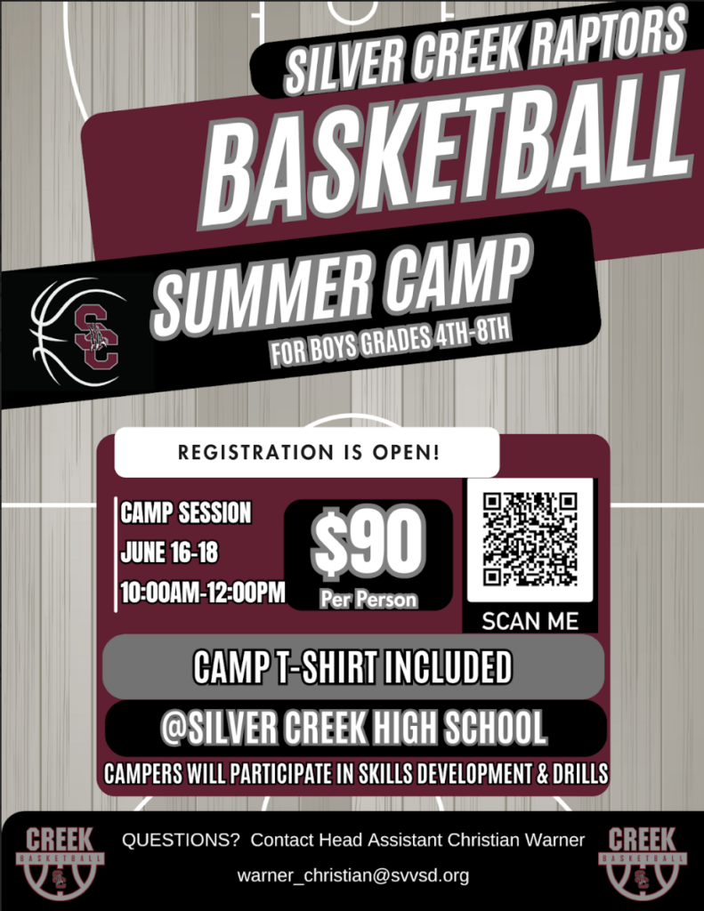 Announcement for Silver Creek Raptors Basketball Summer Camp for boys in grades 4-8, June 16-18, 10 AM-12 PM. Cost: $90.