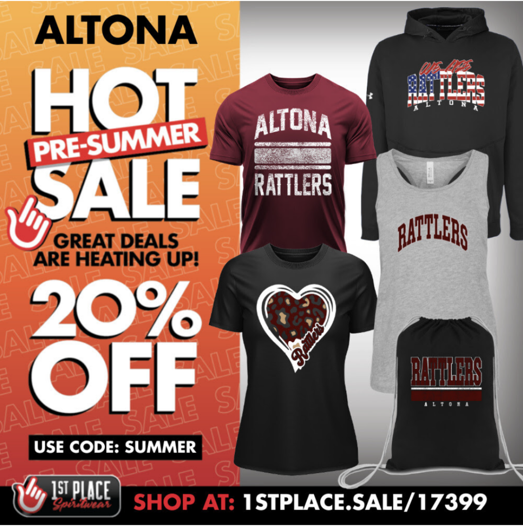 Promotional image for Altona Rattlers merchandise with 20% off, featuring various T-shirts, a hoodie, and a drawstring bag.