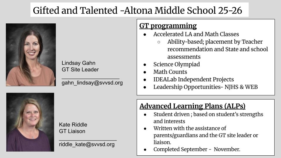 Image features two educators from Altona Middle School's Gifted and Talented program, with contact info and program details.