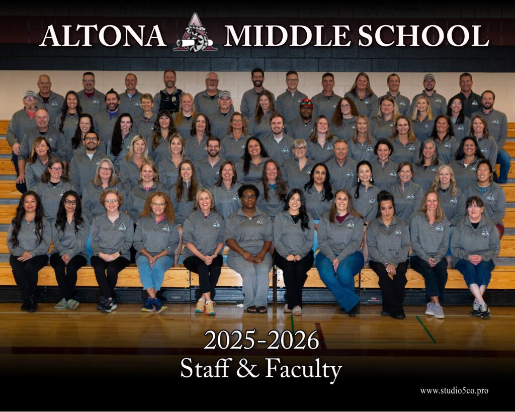Group photo of Altona Middle School staff and faculty for the 2025-2026 school year, seated in a gymnasium.