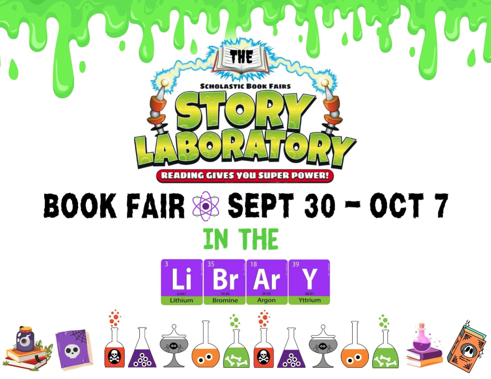 Colorful poster for a book fair titled "Story Laboratory," running from Sept 30 to Oct 7, featuring science-themed graphics.