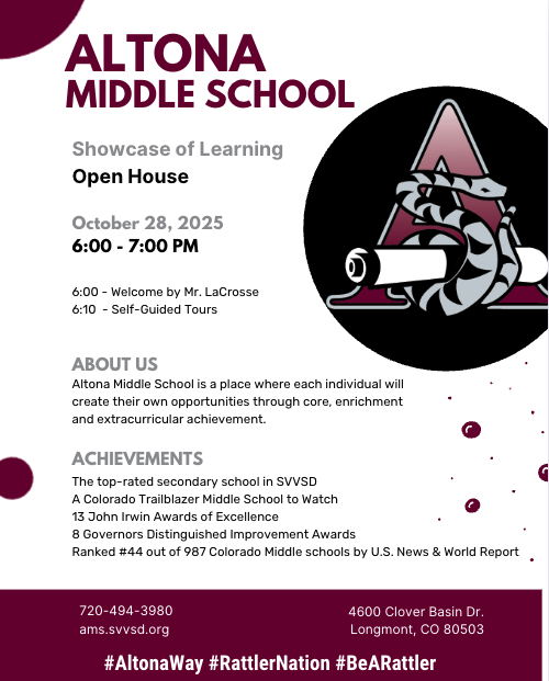 Event flyer for Altona Middle School's Open House on October 28, 2025, showcasing achievements and schedule details.