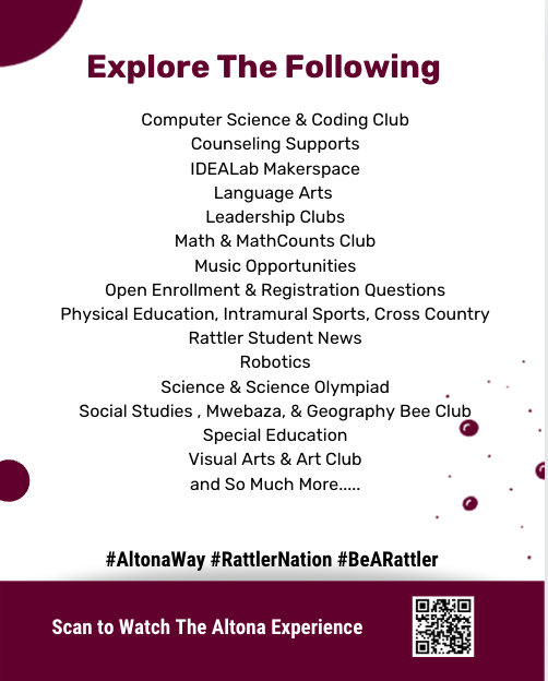 List of clubs and programs at Altona, including coding, arts, sports, and education opportunities. QR code included.