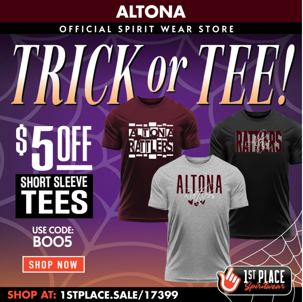 Promotional image for Altona Spirit Wear, featuring three short sleeve tees and a $5 discount offer.