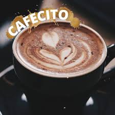 A close-up of a cup of coffee with latte art featuring heart shapes, labeled "Cafecito" in a playful font.