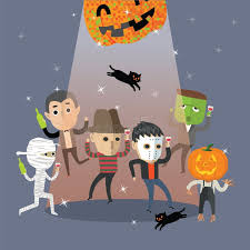 A group of cartoon characters in Halloween costumes, including a mummy, pumpkin, and monster, celebrating under a spotlight.