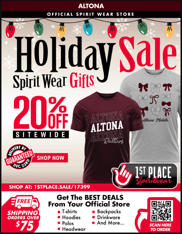 Holiday sale advertisement featuring spirit wear gifts with 20% off sitewide and details on shipping and products.