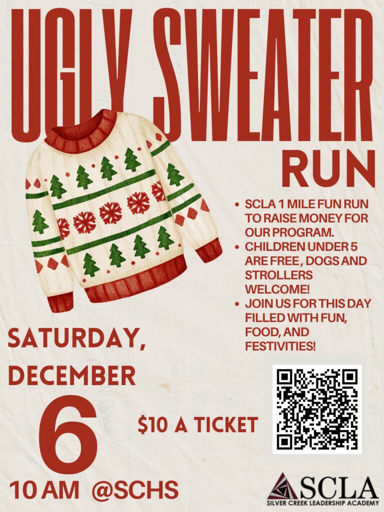 Promotional poster for an Ugly Sweater Run on December 6 at 10 AM, featuring a festive sweater design and event details.