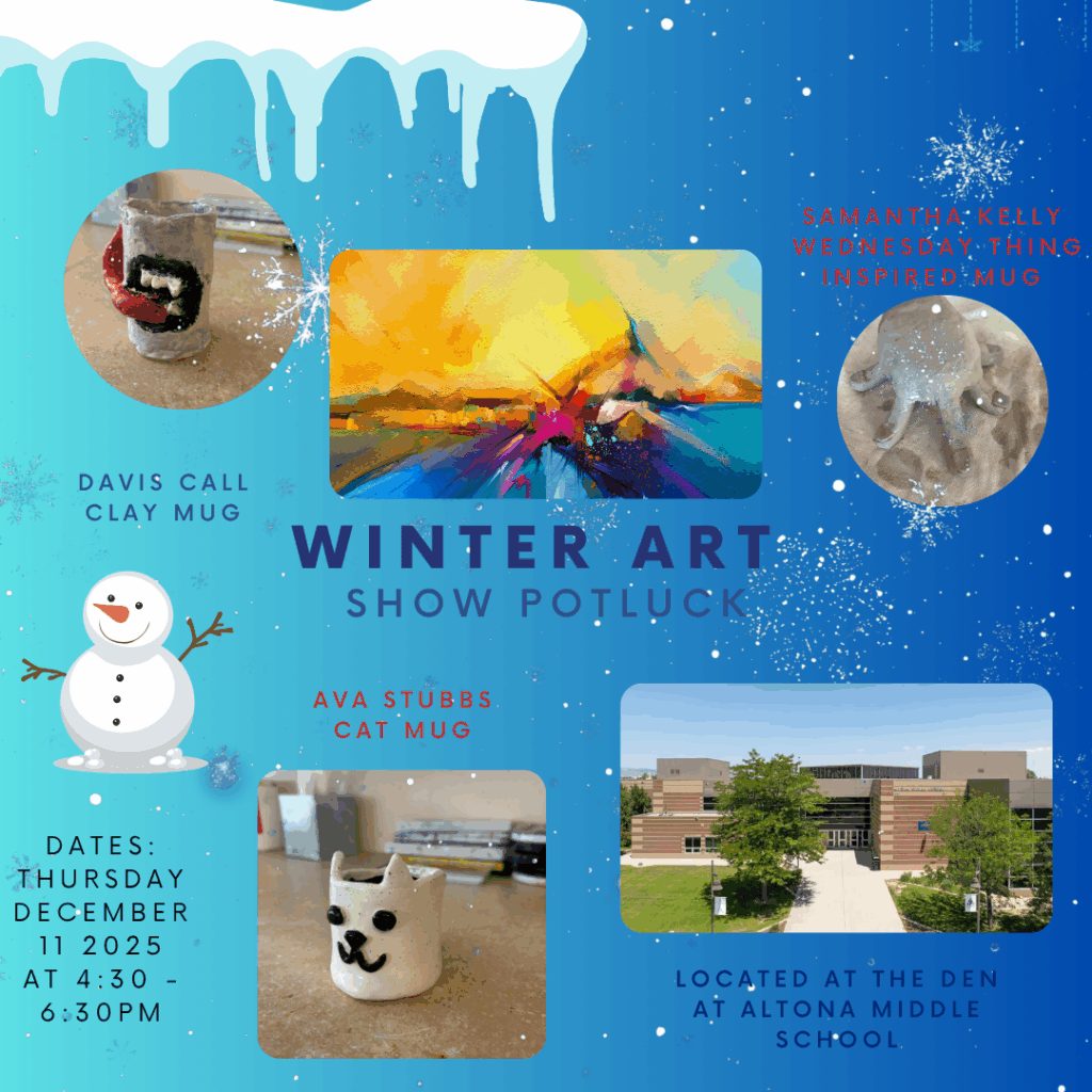 Winter Art Show potluck details with images of clay mugs and a school, set against a snowy background.