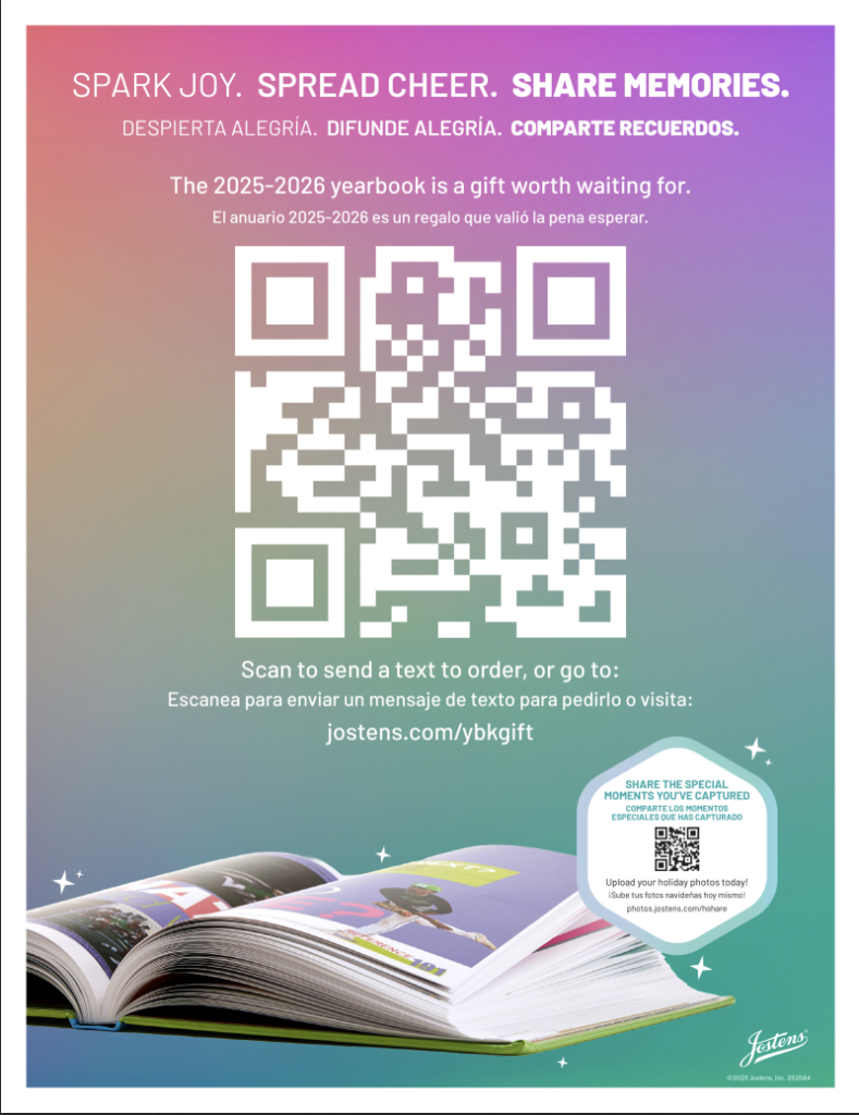 Promotional poster for the 2025-2026 yearbook, featuring a QR code and ordering information in English and Spanish.