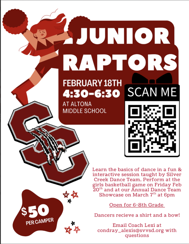 Event flyer for Junior Raptors dance session on February 18th, 4:30-6:30 PM at Altona Middle School, $50 per camper.