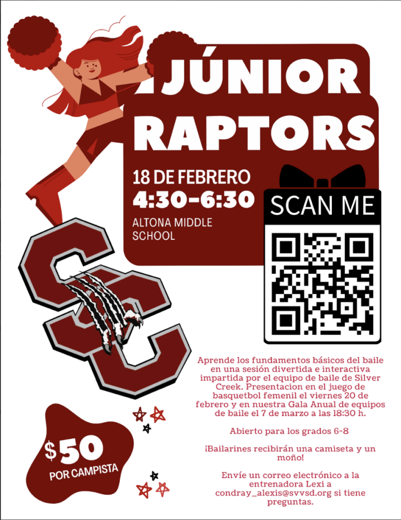 Junior Raptors cheerleading event on February 18, 4:30-6:30 PM at Altona Middle School. Cost $50.