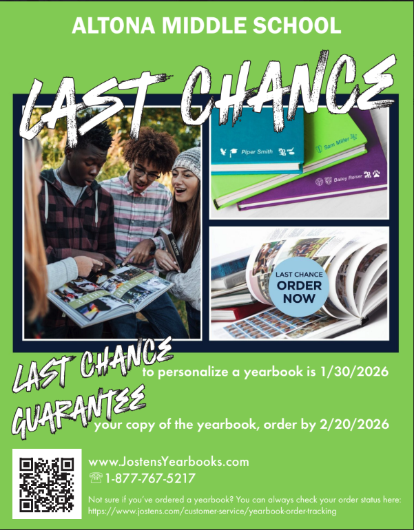 Promotional flyer for Altona Middle School yearbook orders, featuring students and key order deadlines.