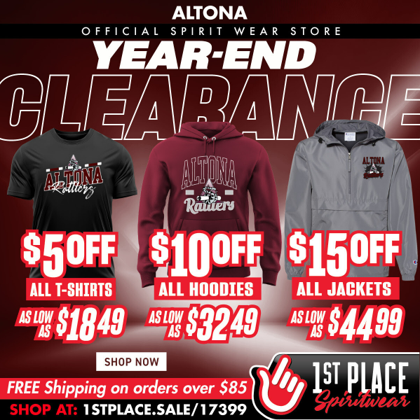 Promotional image for Altona Spirit Wear with discounts on t-shirts, hoodies, and jackets. Free shipping over $85.