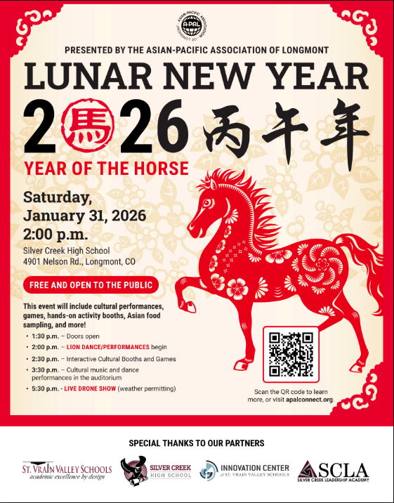 Event flyer for the Lunar New Year, featuring a red horse illustration, details about performances, and a QR code.