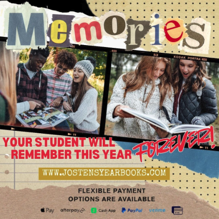 A collage of students enjoying time together, promoting yearbooks with the text "Memories" and payment options.