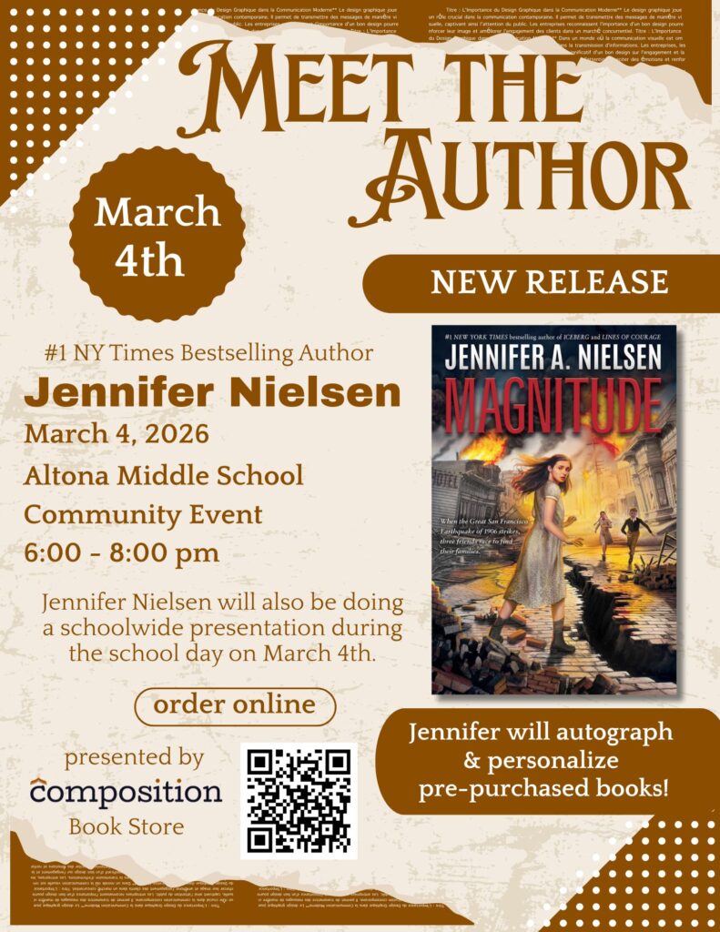Event flyer for author Jennifer Nielsen on March 4, 2026, at Altona Middle School, featuring her new book "Magnitude."