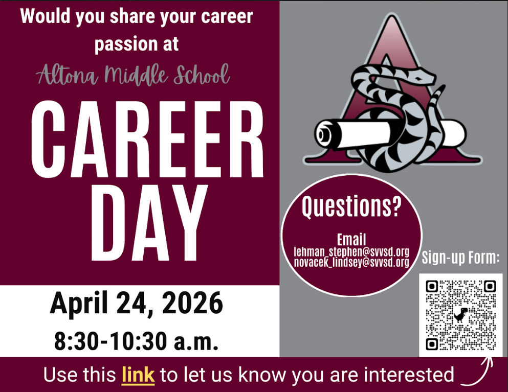 Event flyer for Career Day at Altona Middle School on April 24, 2026, from 8:30 to 10:30 a.m. Contact details included.