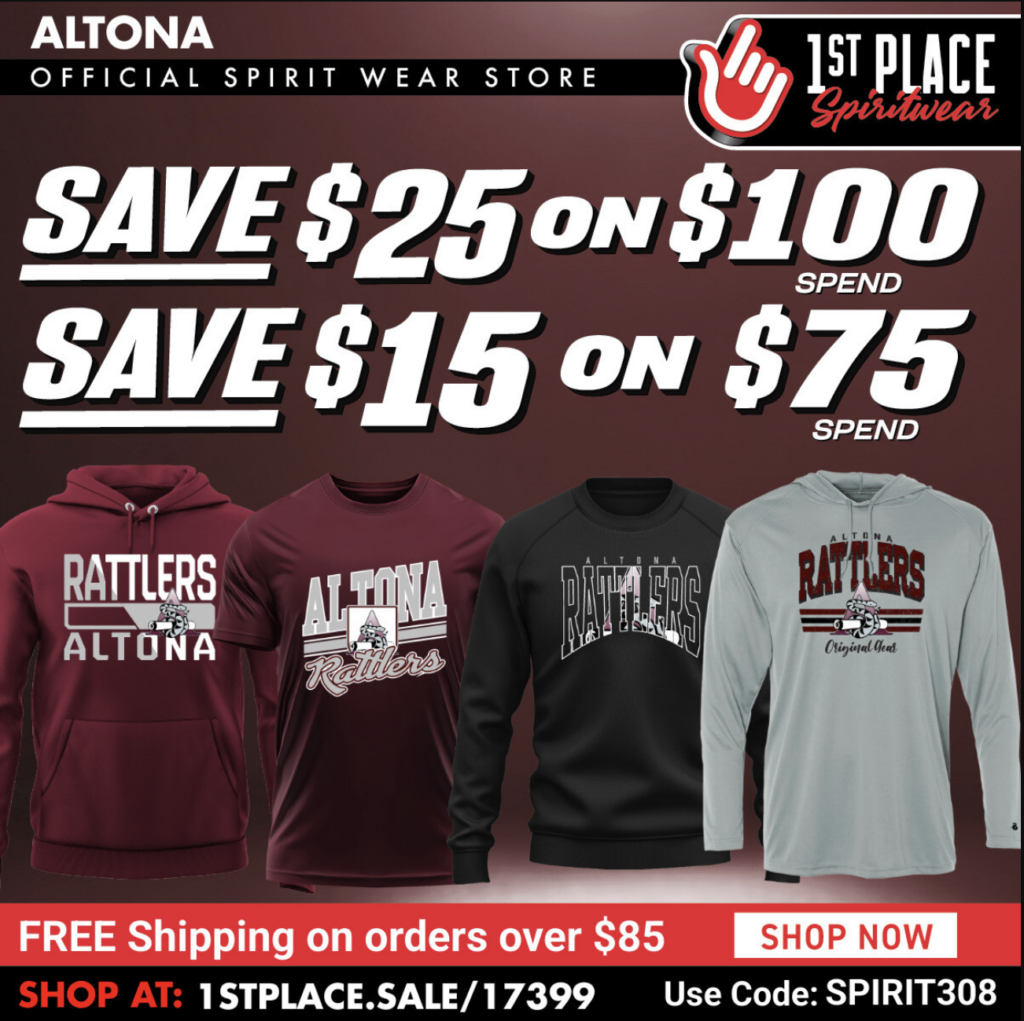 Promotional image for Altona Spirit Wear with discounts on purchases and featured apparel items. Free shipping over $85.