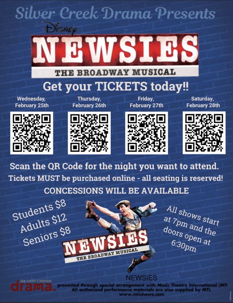 Poster for "Newsies" by Silver Creek Drama, with performance dates, ticket prices, and QR codes for ticket purchase.