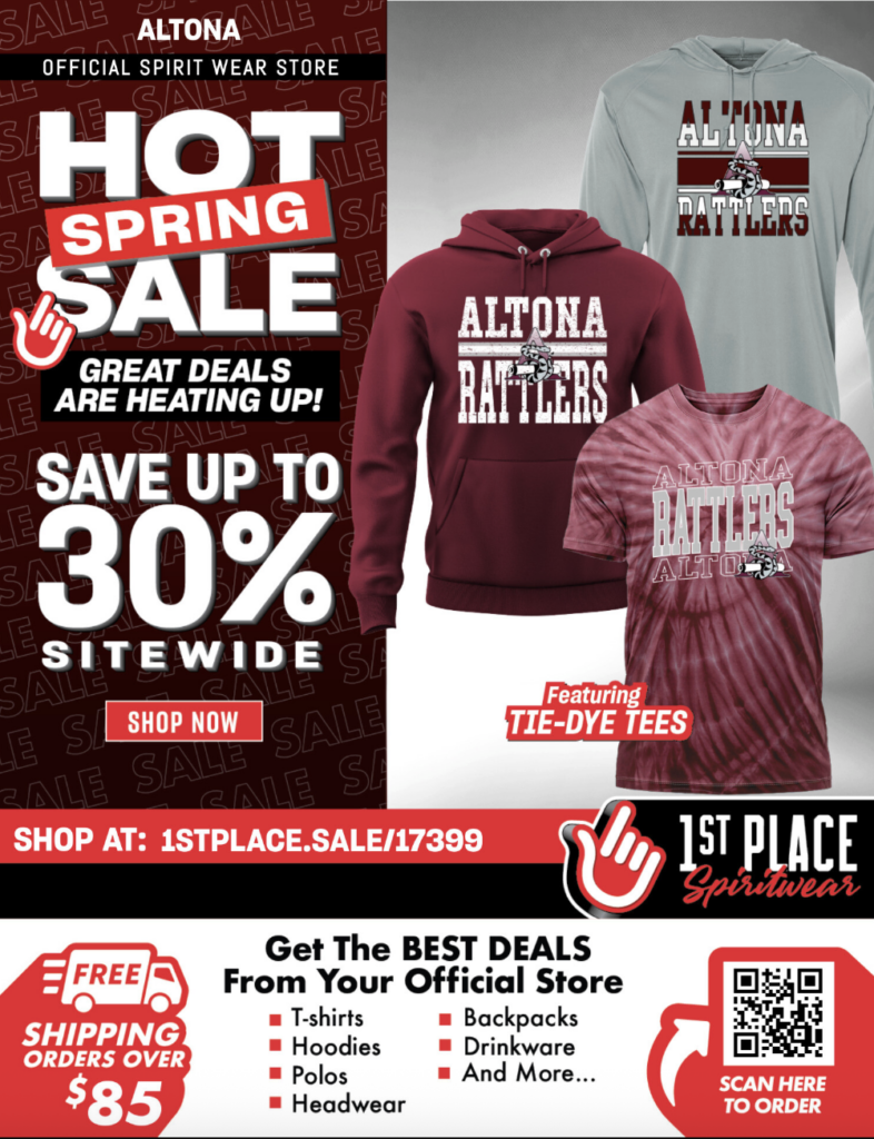 Promotional image for Altona Spirit Wear featuring a spring sale with up to 30% off and various apparel options.