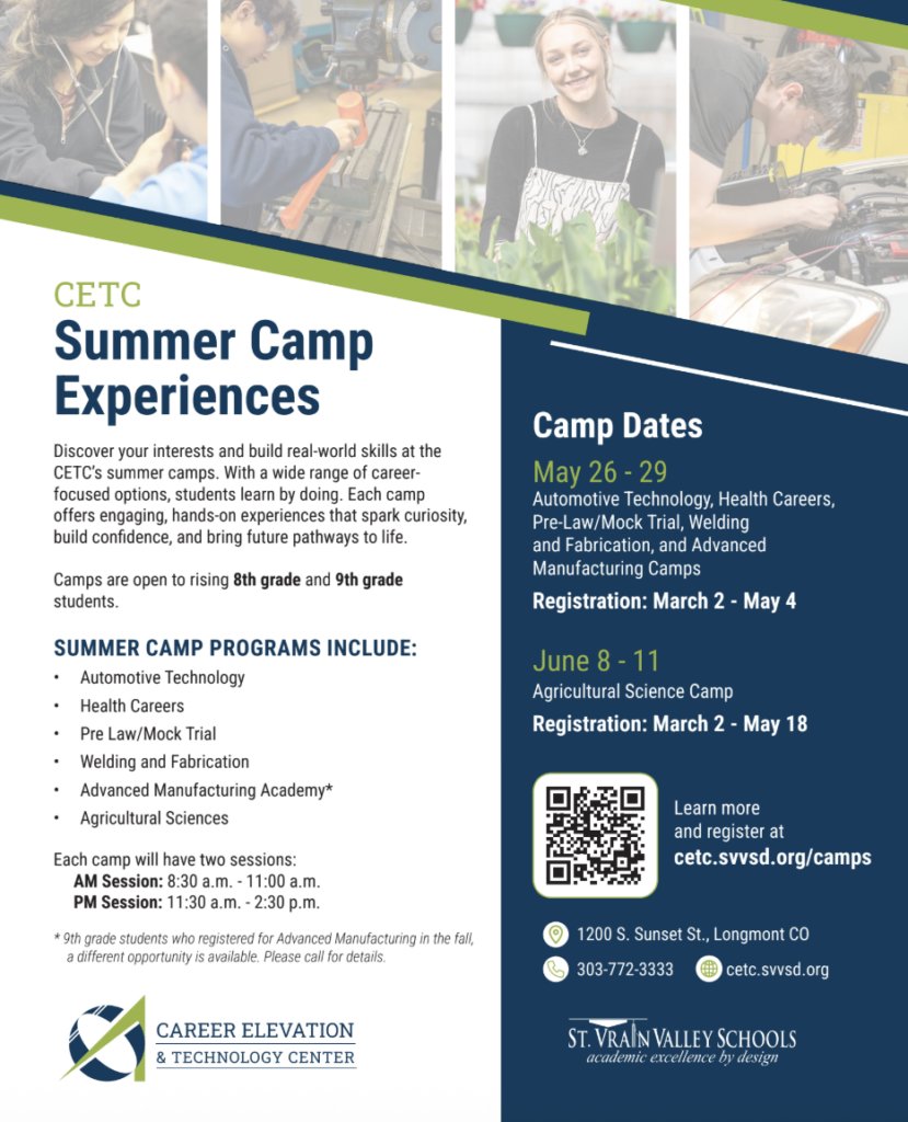 CETC summer camp flyer for 8th and 9th graders, featuring various hands-on programs and registration details.