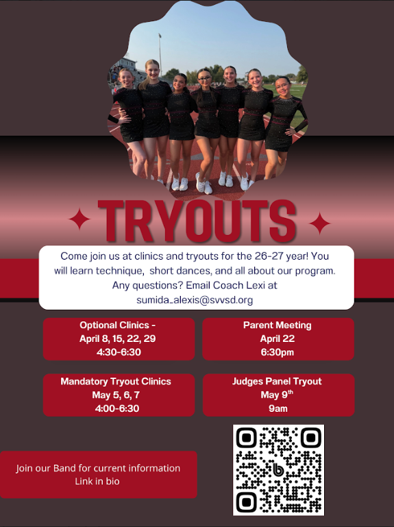 A group of cheerleaders in matching outfits stands together for tryouts, with event details listed below.