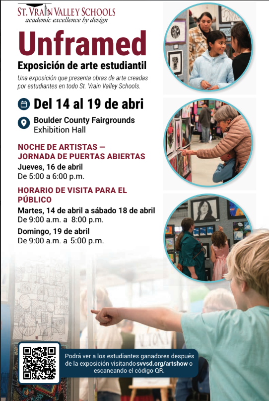 Poster for "Unframed" student art exhibition at Boulder County Fairgrounds, April 14-19, featuring event details and QR code.