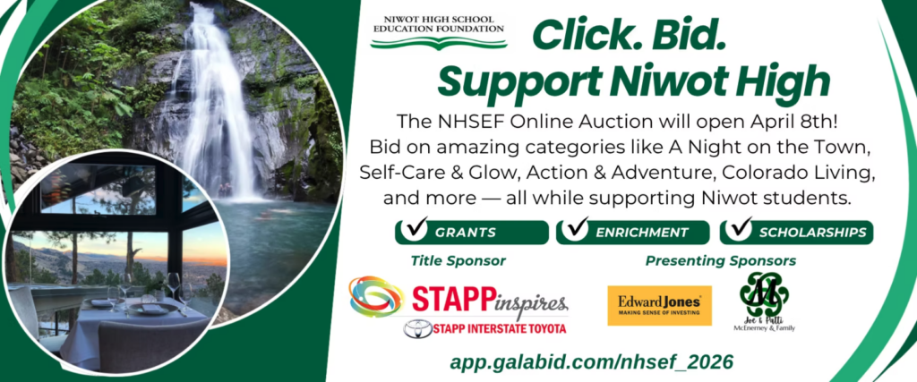 Image promoting the NHSEF Online Auction with scenic waterfall and dining view, highlighting support for Niwot High students.