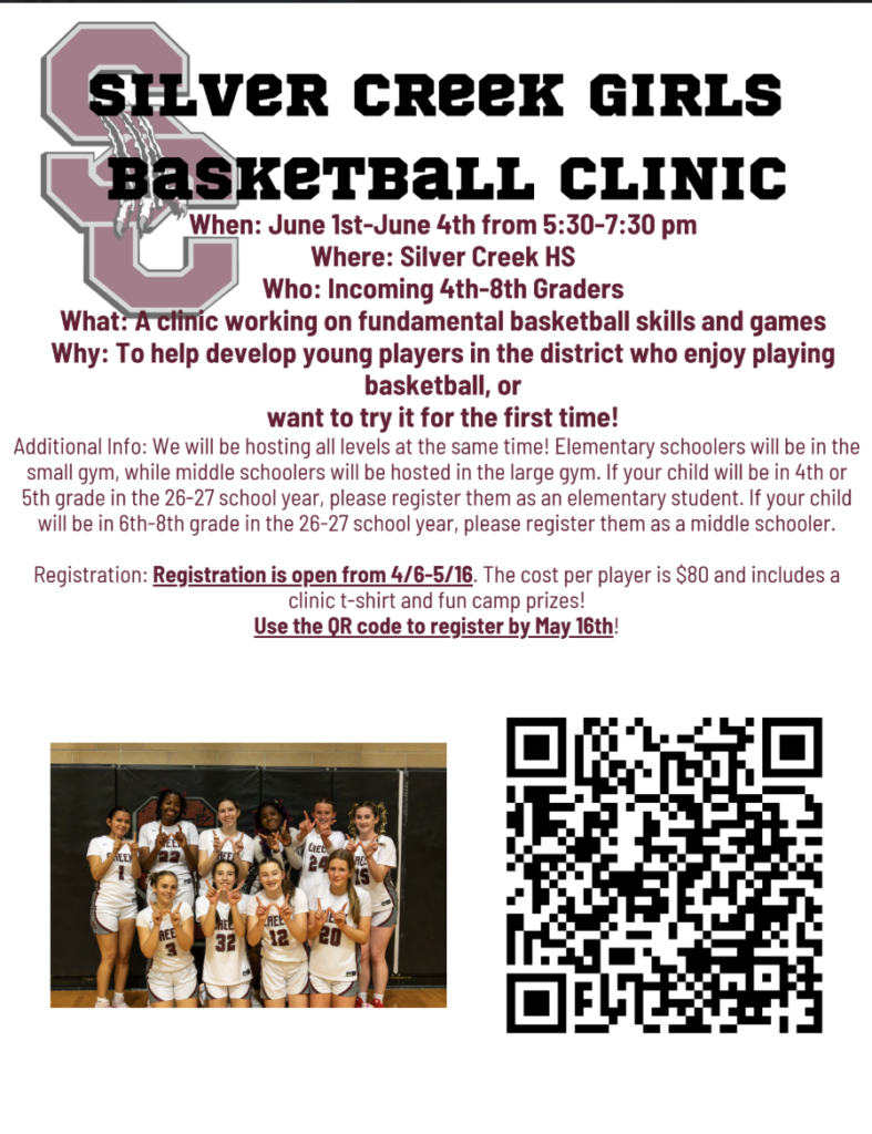 Cartel de la clínica de baloncesto femenino de Silver Creek, del 1 al 4 de junio, para alumnas que van a cursar 4.º a 8.º curso; se incluye información sobre la inscripción.