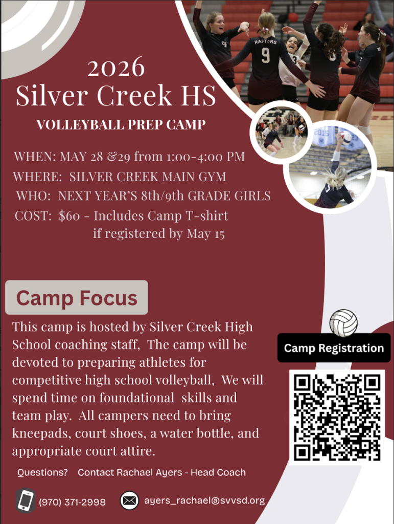 Poster for Silver Creek HS Volleyball Prep Camp on May 28-29, 1-4 PM, for 8th/9th grade girls, costing $60.