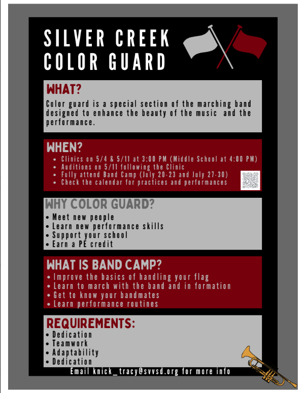 Poster for Silver Creek Color Guard with details on clinics, auditions, band camp, benefits, and requirements.