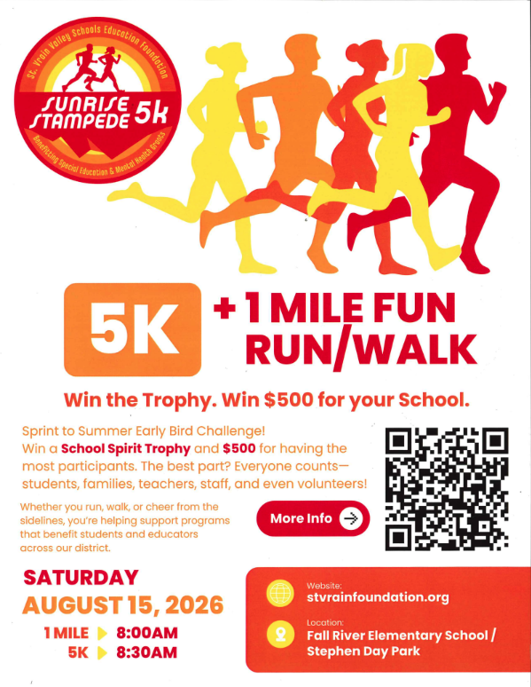 Graphic promoting the Sunrise Stampede 5K and 1 Mile Fun Run/Walk on August 15, 2026, at Fall River Elementary.
