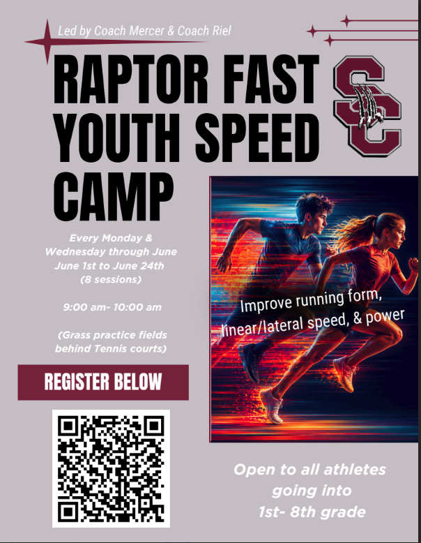 Poster for Raptor Fast Youth Speed Camp, detailing dates, times, and registration info for 1st-8th graders.