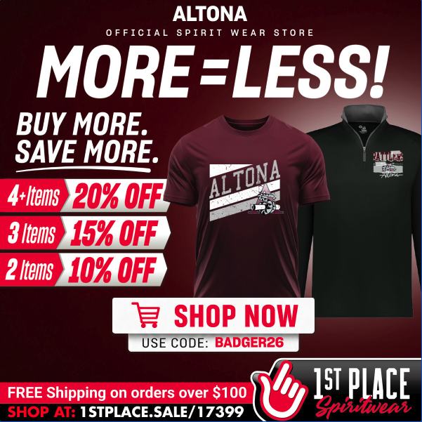 Promotional graphic for Altona Spirit Wear, highlighting discounts for multiple item purchases and free shipping offers.