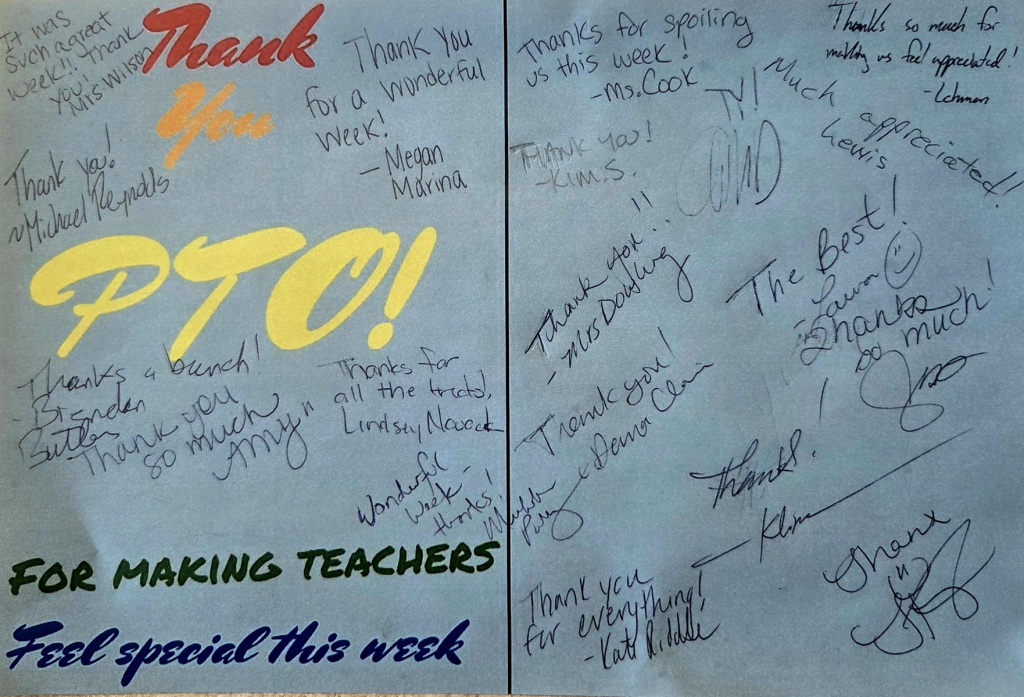 A card filled with handwritten thank-you notes from teachers expressing gratitude to the PTO for their support.
