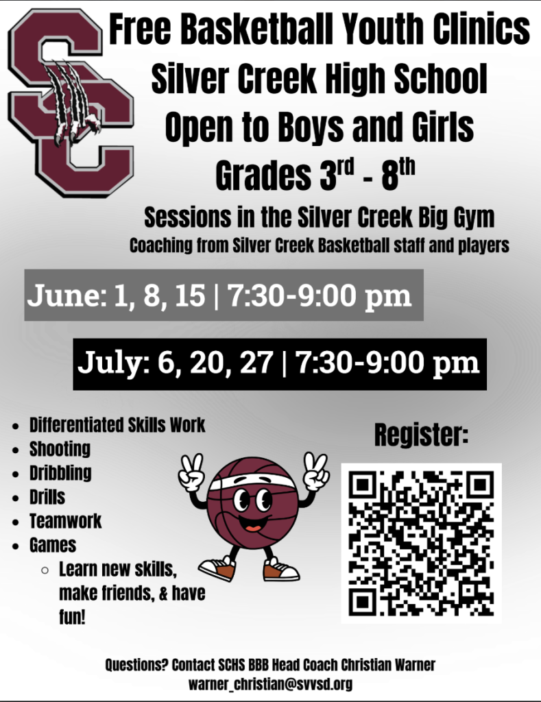 Free basketball clinics for grades 3-8 at Silver Creek High School, June 1, 8, 15, July 6, 20, 27, 7:30-9 PM.