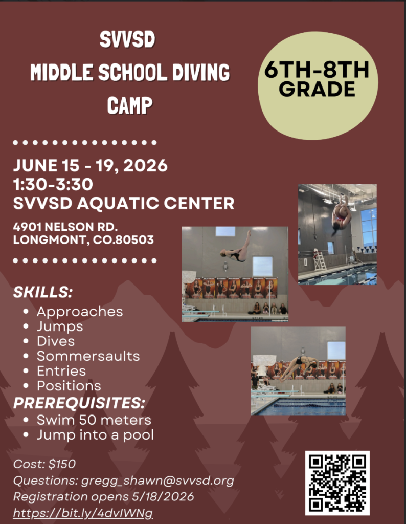Image of a diving camp flyer detailing dates, location, skills, prerequisites, and contact information.