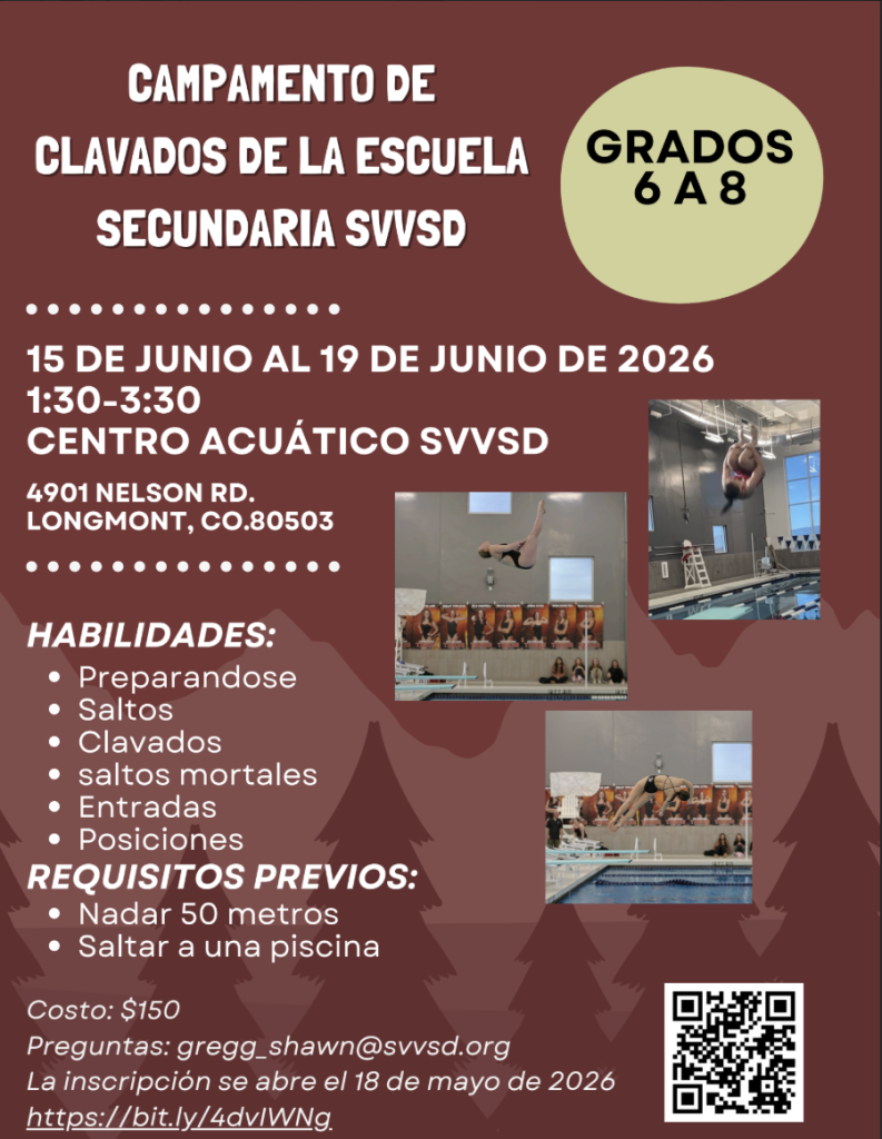 Poster for a diving camp for grades 6-8, June 15-19, 2026, at SVVSD Aquatic Center, with details on skills and requirements.